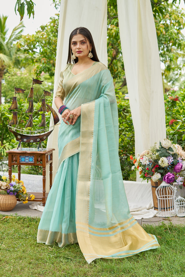 Sky Linen Saree With Unstiched Blouse