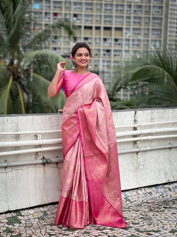 Pink Tissue Silk Saree With Unstitched Blouse