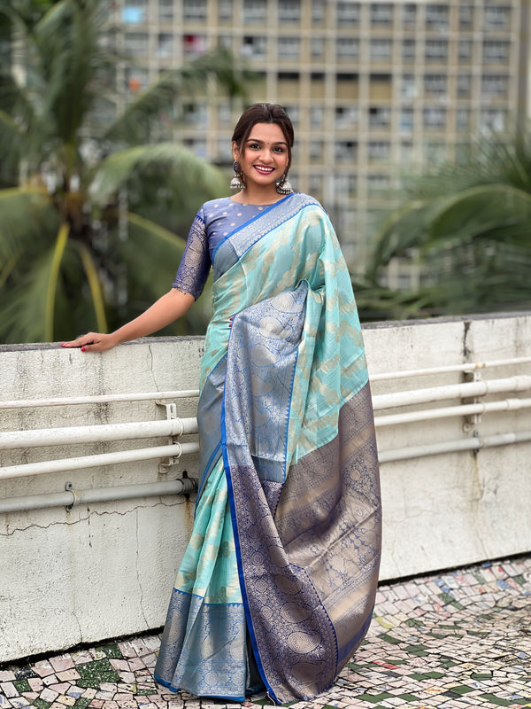 Blue Tissue Silk Saree With Unstitched Blouse