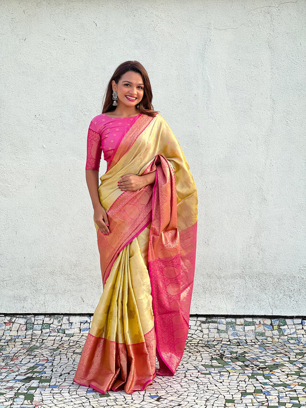 Yellow Tissue Silk Saree With Unstitched Blouse