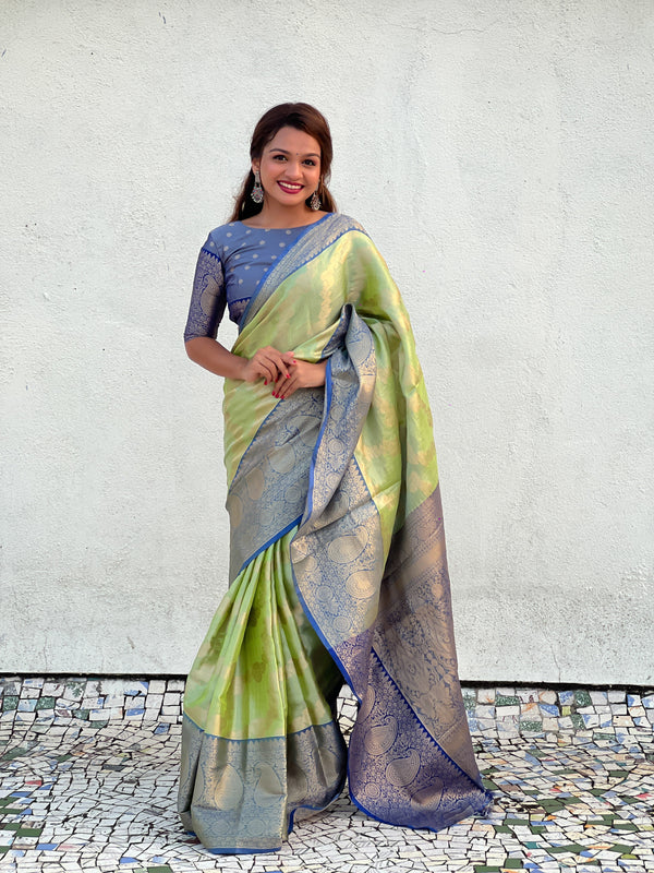 Green Tissue Silk Saree With Unstitched Blouse