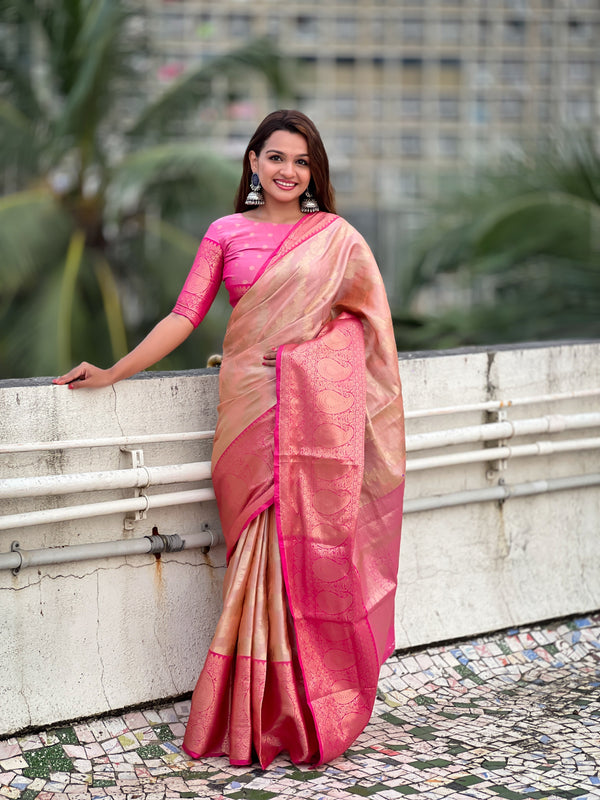 Peach Tissue Silk Saree With Unstitched Blouse