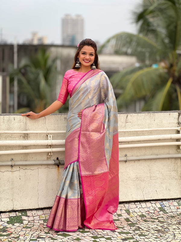 Grey Tissue Silk Saree With Unstitched Blouse