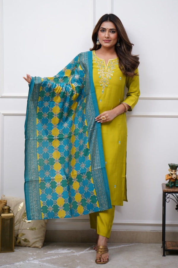 Yellow Fancy Chanderi Salwar Suit With Dupatta Set