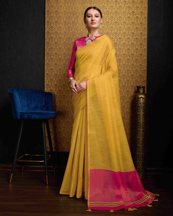 Yellow  Linen Saree With Unstitched Blouse