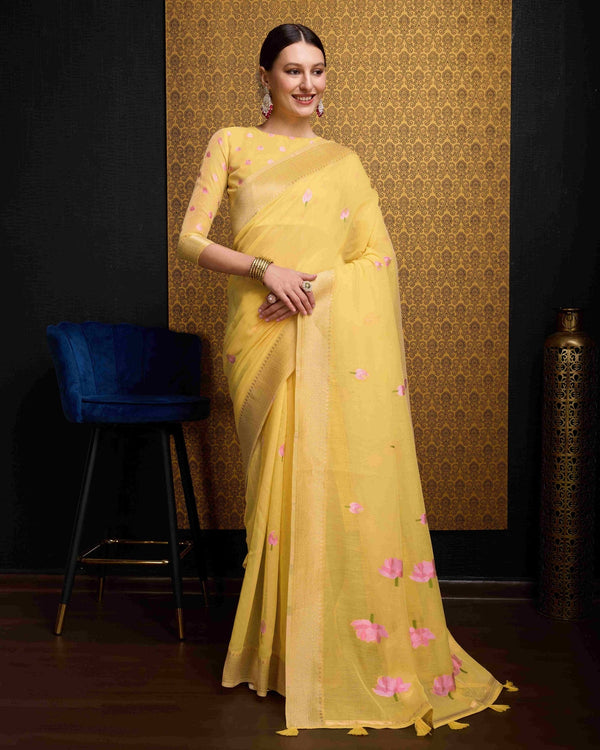 Yellow Linen Saree With Unstitched Blouse