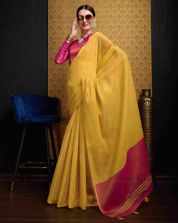 Yellow  Linen Saree With Unstitched Blouse