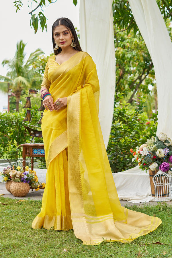 Yellow Linen Saree With Unstiched Blouse