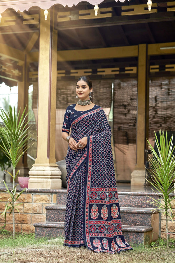 Blue Soft Cotton Saree With Unstiched Blouse