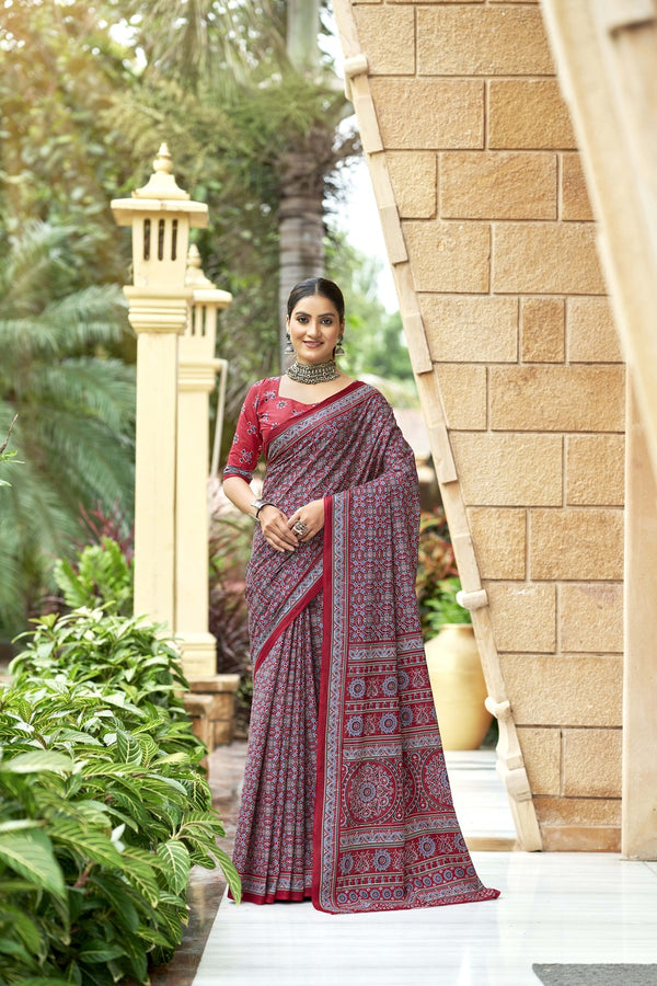 Maroon Soft Cotton Saree With Unstiched Blouse