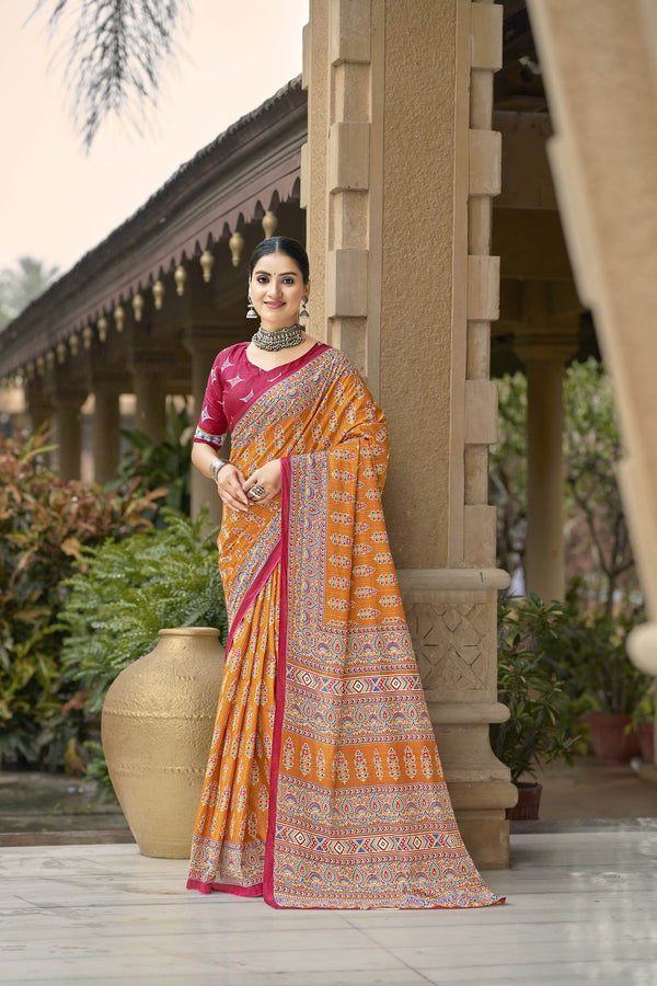 Orange Soft Cotton Saree With Unstiched Blouse