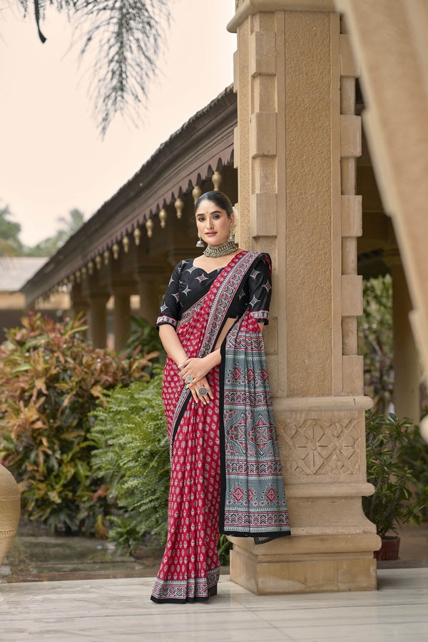 Wine Soft Cotton Saree With Unstiched Blouse