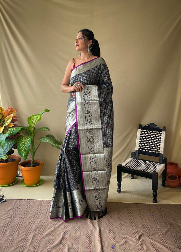 Black Soft Litchi Silksaree With Unstitched Blouse