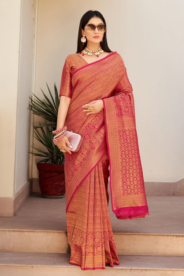 Pink Kanjivaram Saree With Unstitched Blouse