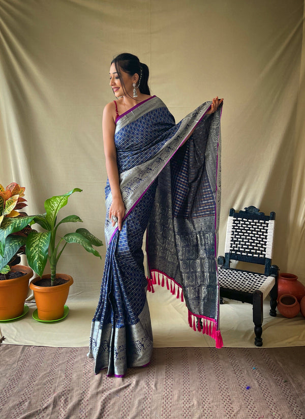 Blue Soft Litchi Silksaree With Unstitched Blouse