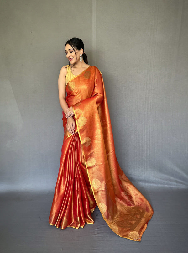 Orange Silk Saree With Unstitched Blouse