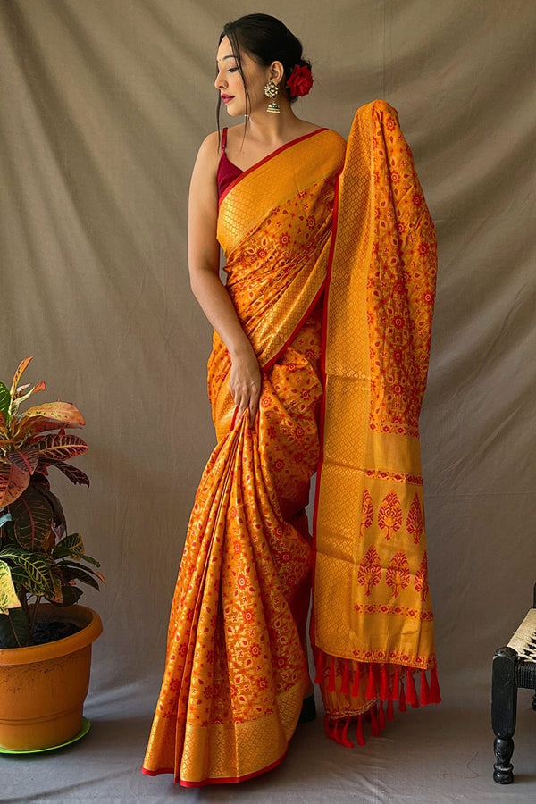 Yellow Patola Saree With Unstitched Blouse