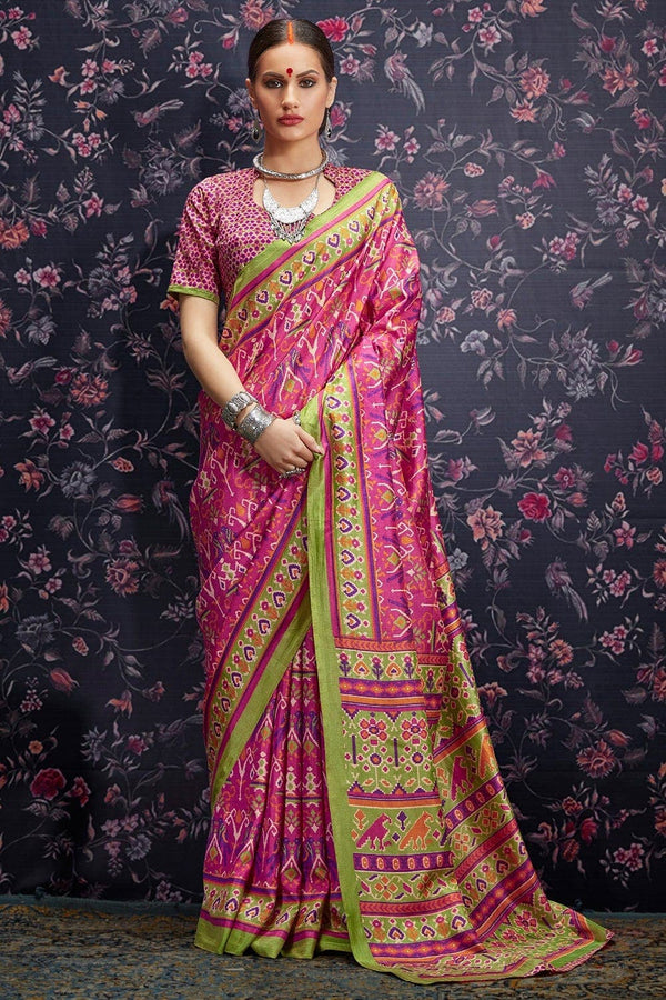 Pink Patola Saree With Unstitched Blouse