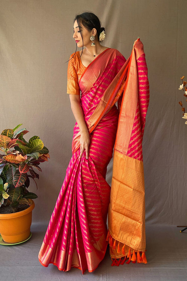 Pink Patola Saree With Unstitched Blouse