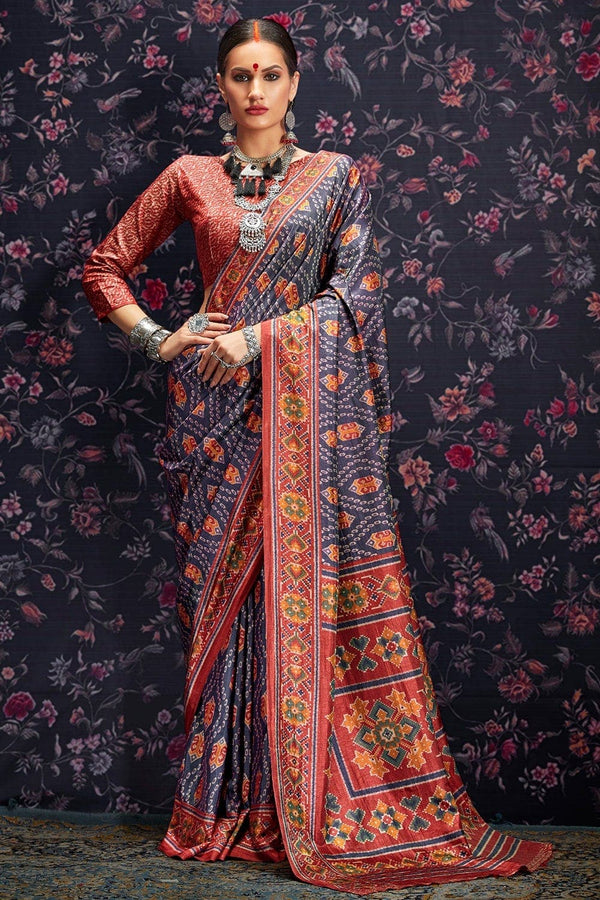 Blue Patola Saree With Unstitched Blouse