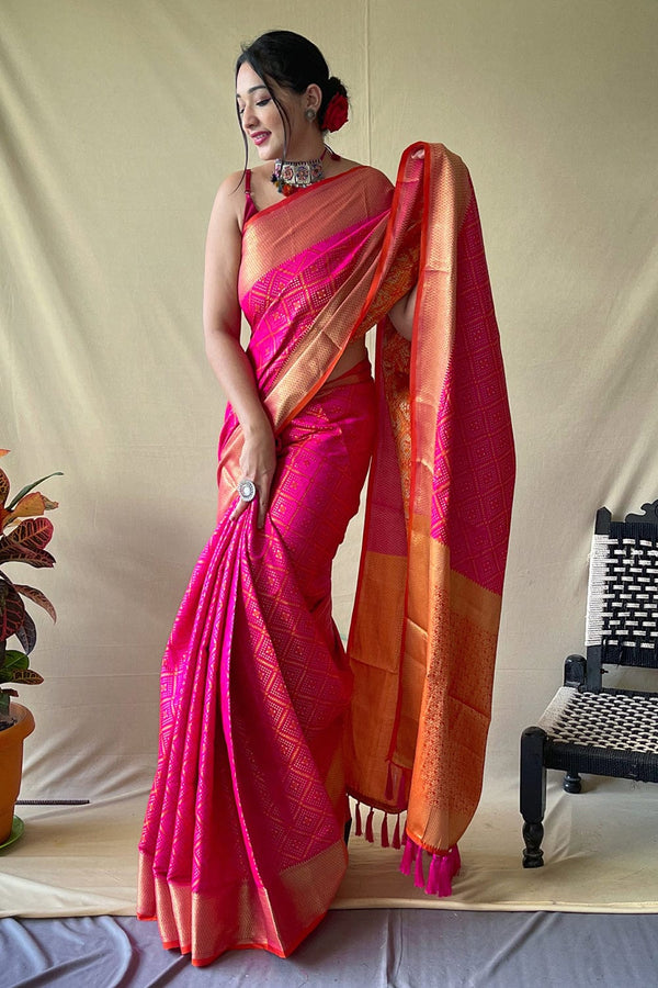 Pink Patola Saree With Unstitched Blouse