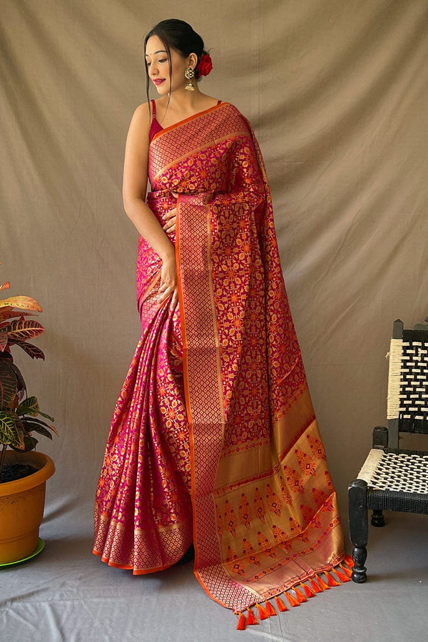 Pink Patola Saree With Unstitched Blouse