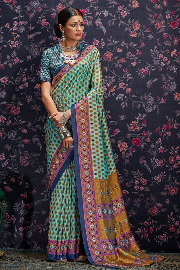 Blue Patola Saree With Unstitched Blouse