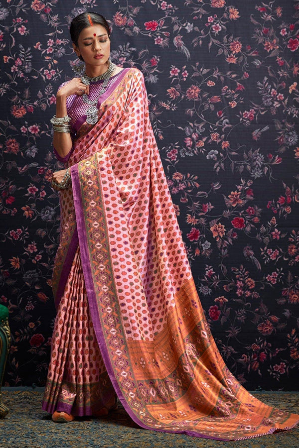 Pink Patola Saree With Unstitched Blouse