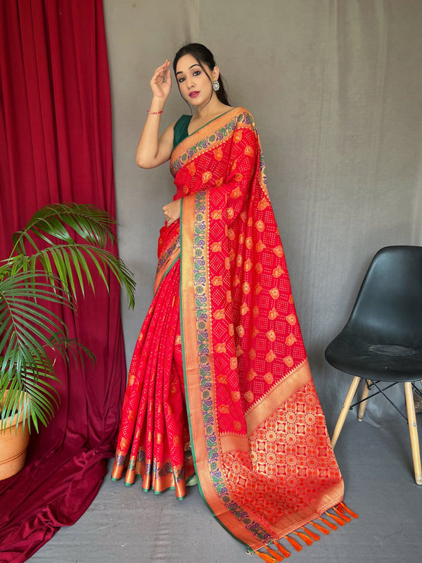 Red Silk Saree With Unstitched Blouse