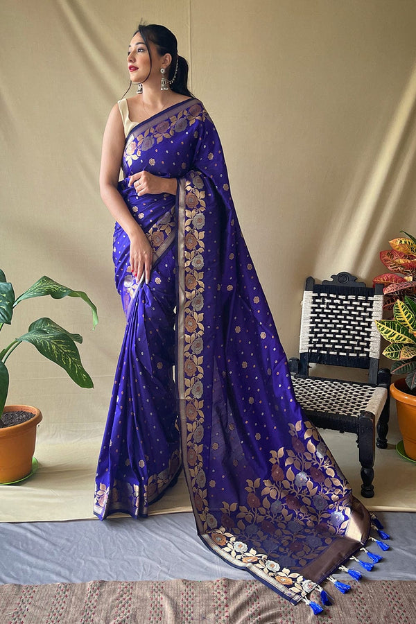 Blue Banarasi Saree With Unstitched Blouse